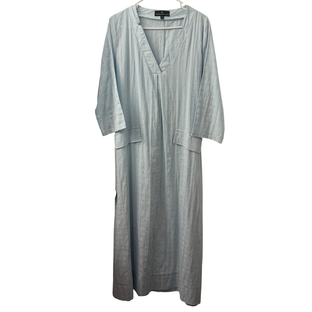 Pomander Place Tuckernuck Light Blue Cotton Plaid V-Neck Maxi Dress Kaftan M
